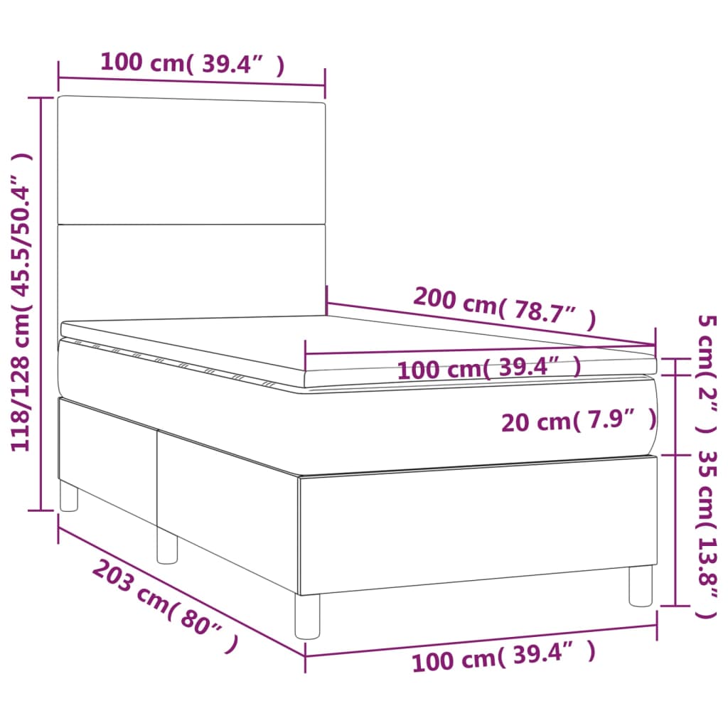 Pat cu arcuri, saltea și LED, alb, 100x200 cm, piele ecologică