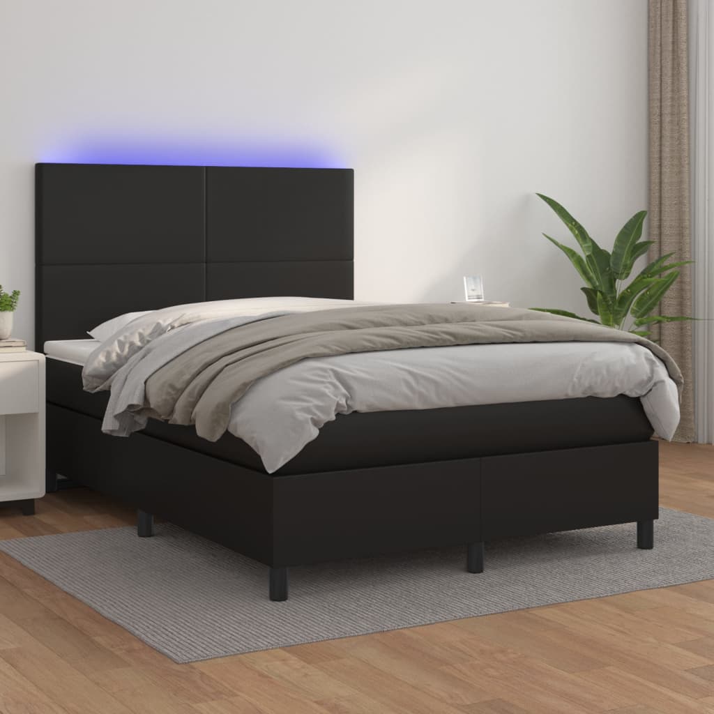 Pat continental cu saltea & LED, negru, 140x190 cm, piele eco