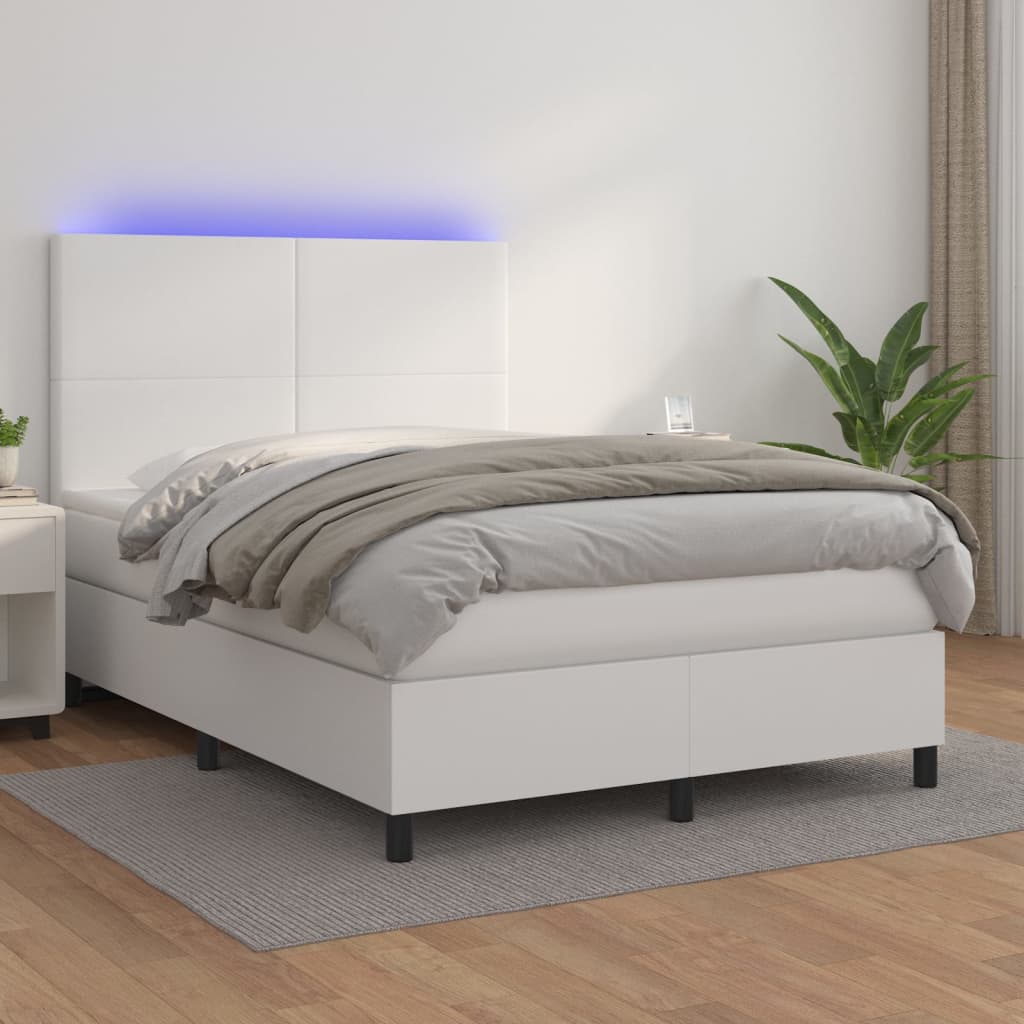 Pat cu arcuri, cu saltea & LED, alb, 140x190 cm, piele eco