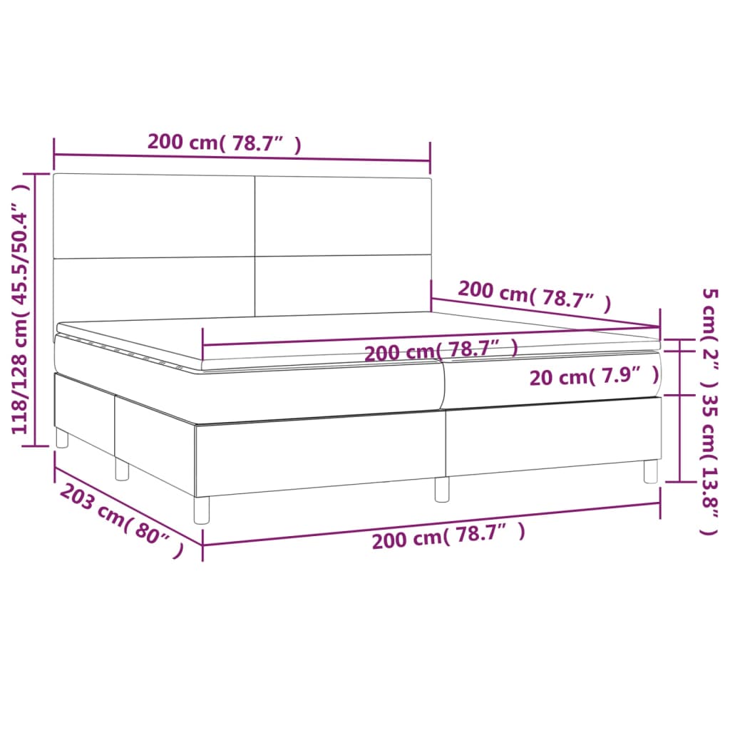 Pat cu arcuri, saltea și LED, alb, 200x200 cm, piele ecologică