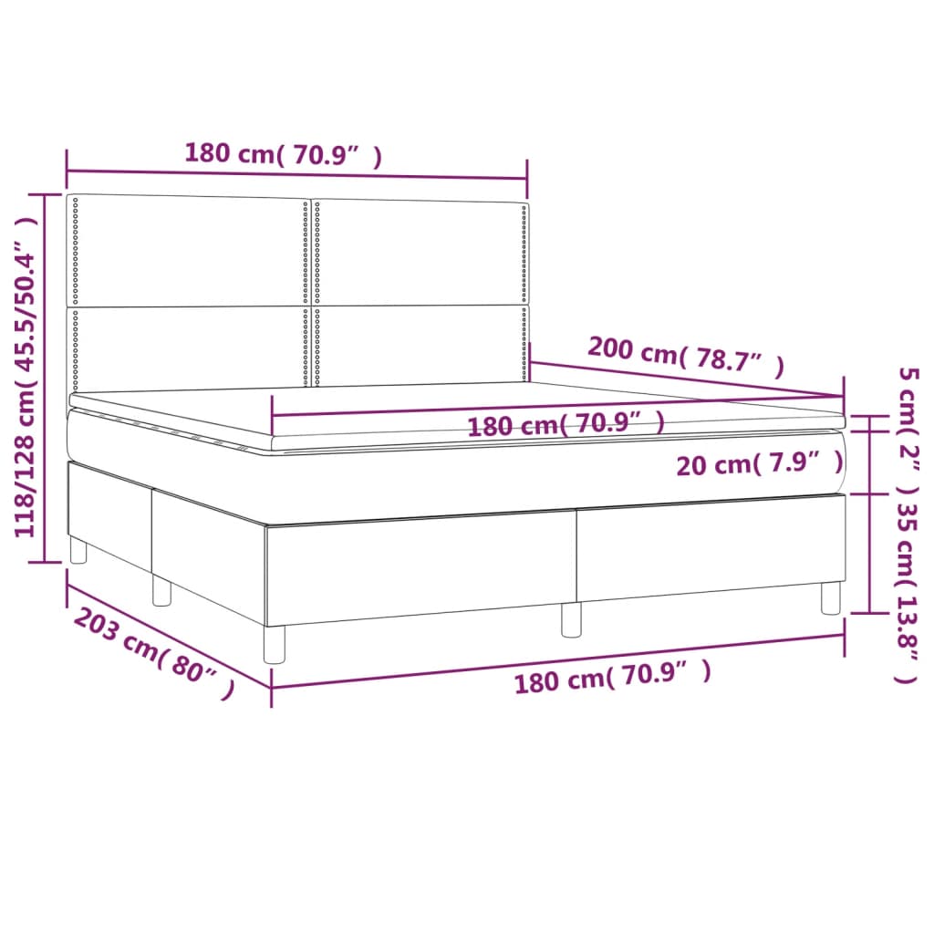 Pat cu arcuri, saltea și LED, alb, 180x200 cm, piele ecologică