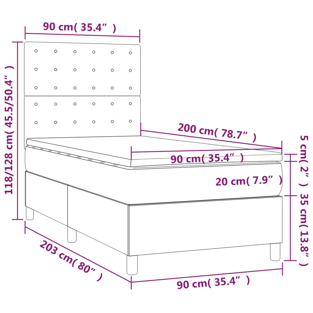 Pat cu arcuri, cu saltea și LED, gri, 90x200 cm, piele eco