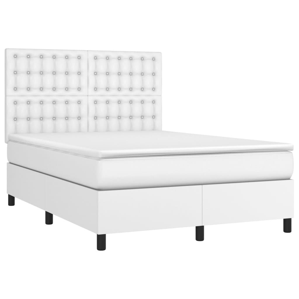 Pat box spring cu saltea, alb, 140x190 cm, piele ecologică