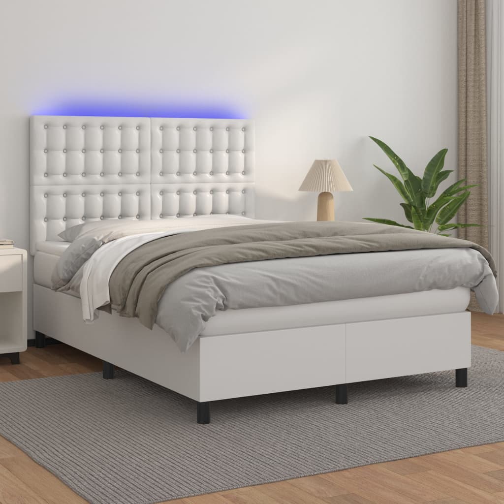 Pat box spring cu saltea, alb, 140x190 cm, piele ecologică