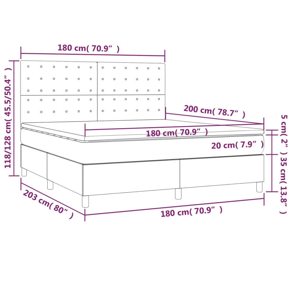 Pat cu arcuri, saltea și LED, alb, 180x200 cm, piele ecologică