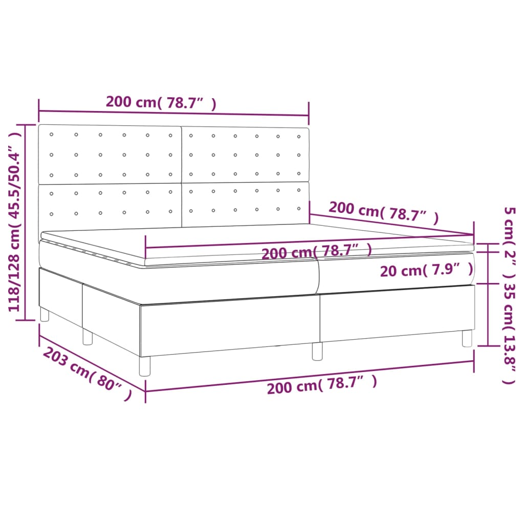 Pat cu arcuri, saltea și LED, alb, 200x200 cm, piele ecologică