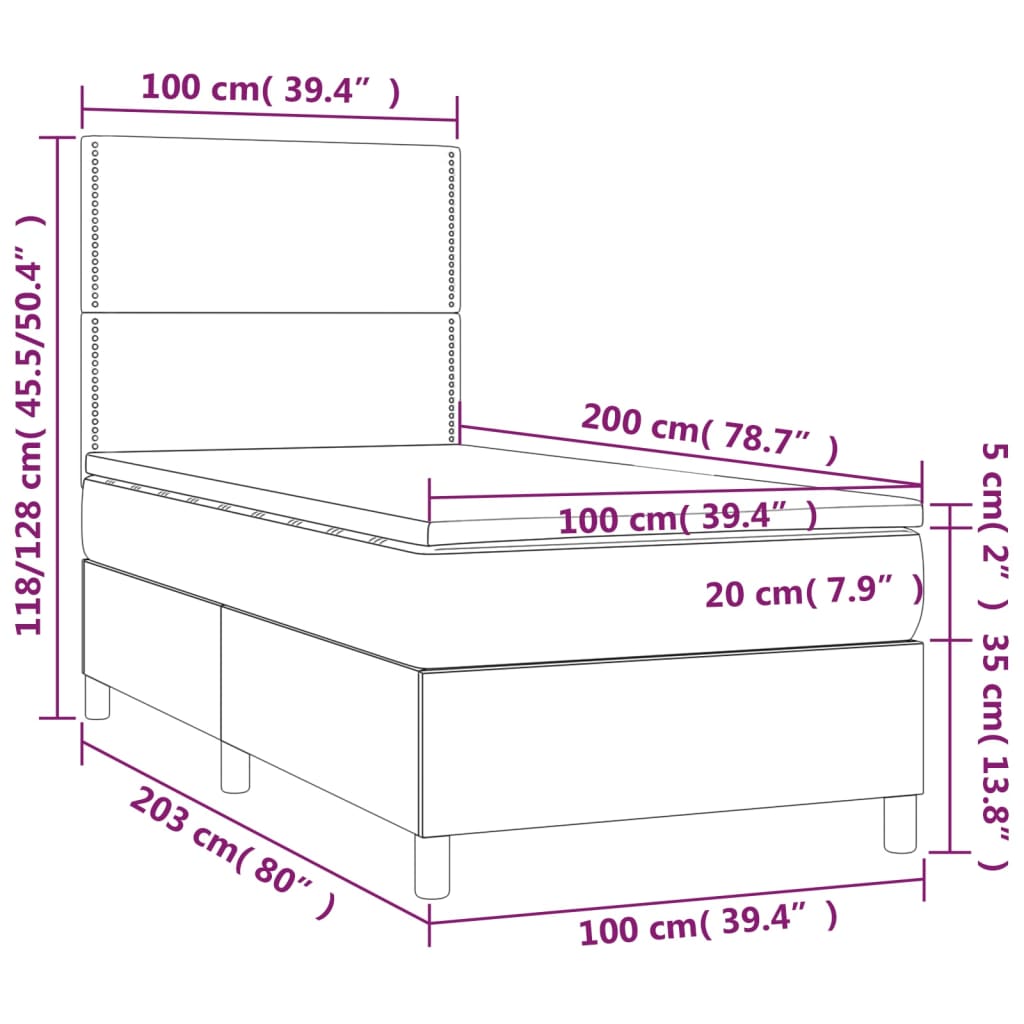 Pat cu arcuri, saltea și LED, gri închis, 100x200 cm, catifea