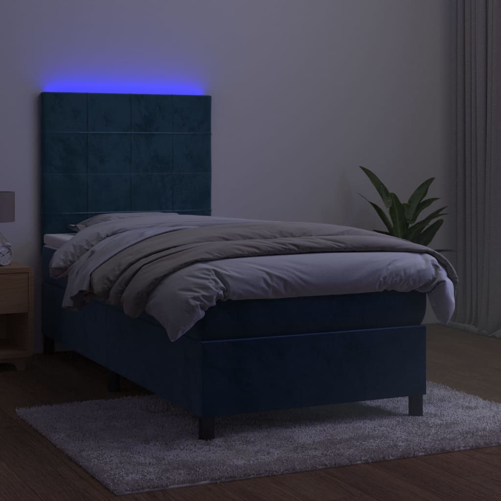 Pat cu arcuri, saltea și LED, bleumarin, 100x200 cm, catifea