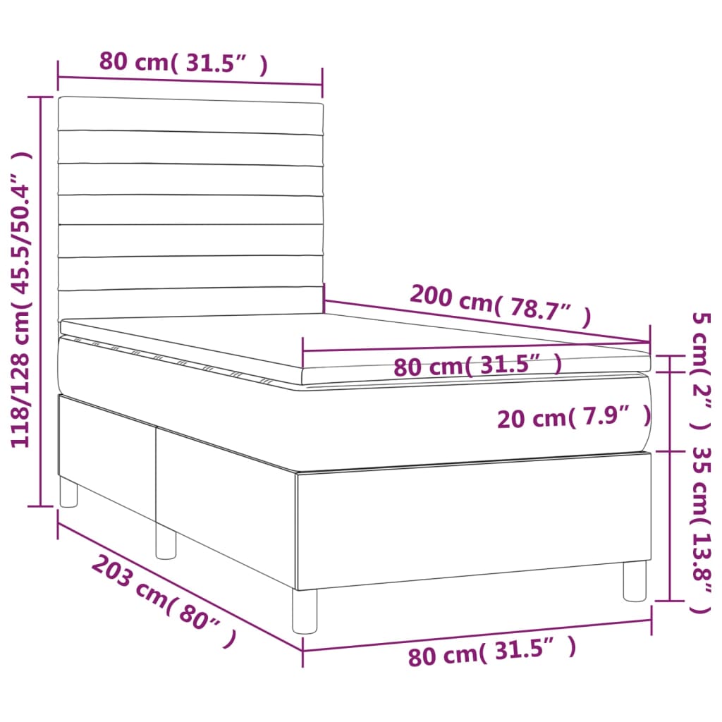 Pat continental cu saltea & LED, gri deschis, 80x200 cm catifea