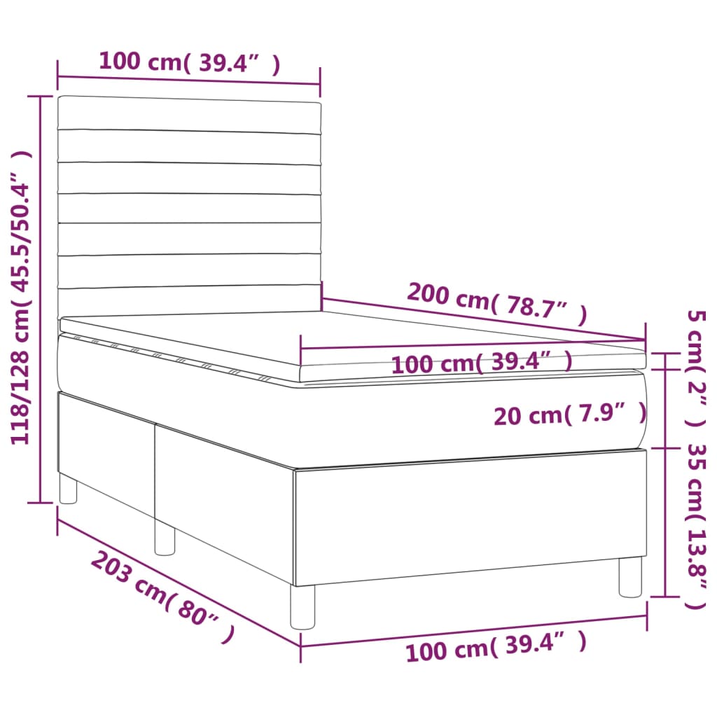 Pat cu arcuri, saltea și LED, gri închis, 100x200 cm, catifea