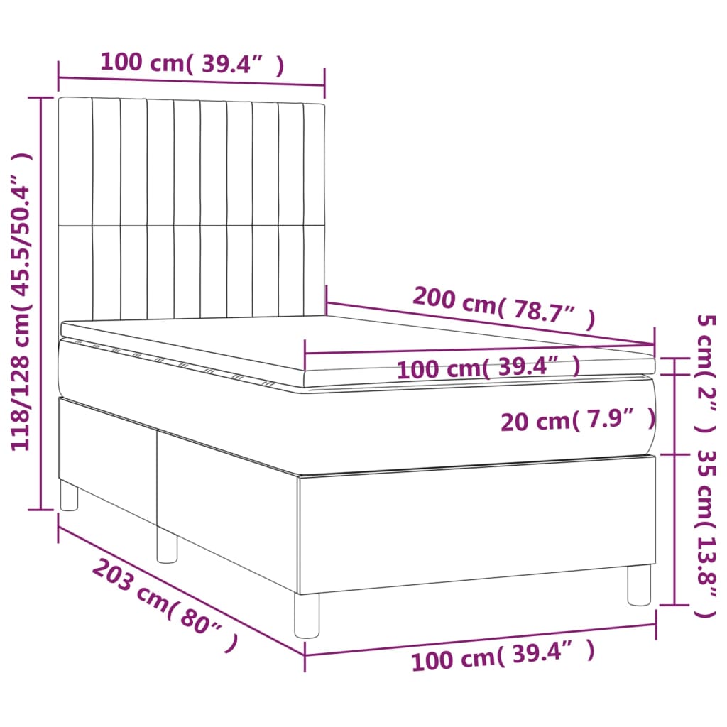 Pat cu arcuri, saltea și LED, gri închis, 100x200 cm, catifea