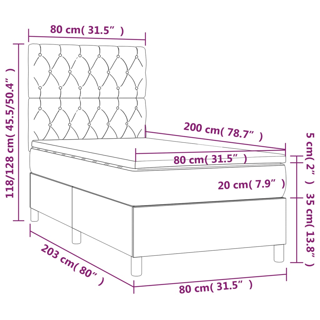 Pat continental cu saltea & LED, gri deschis, 80x200 cm catifea