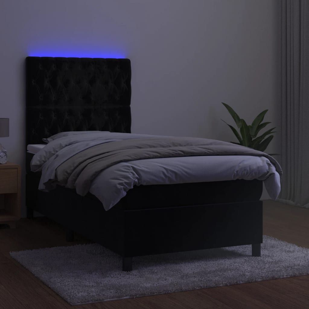 Pat continental cu saltea și LED, negru, 80x200 cm, catifea