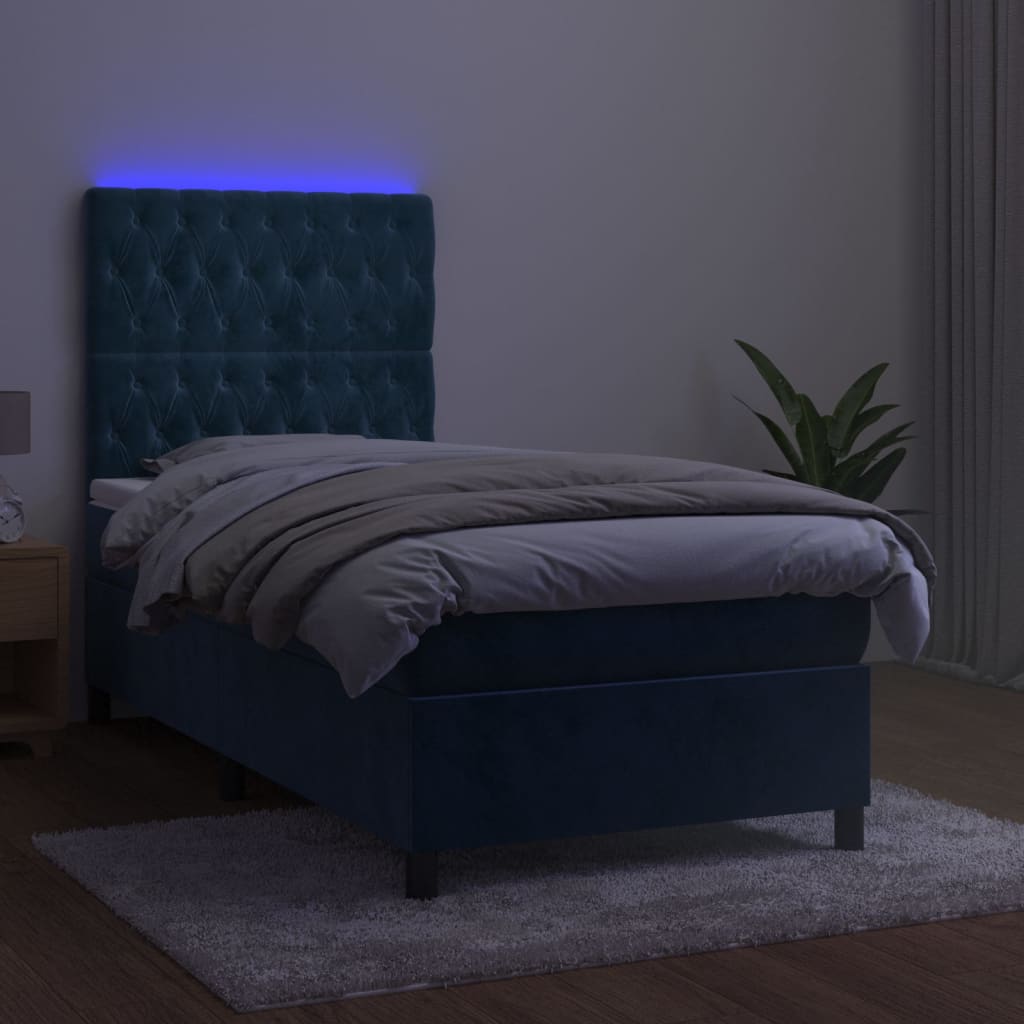 Pat cu arcuri, saltea și LED, bleumarin, 100x200 cm, catifea