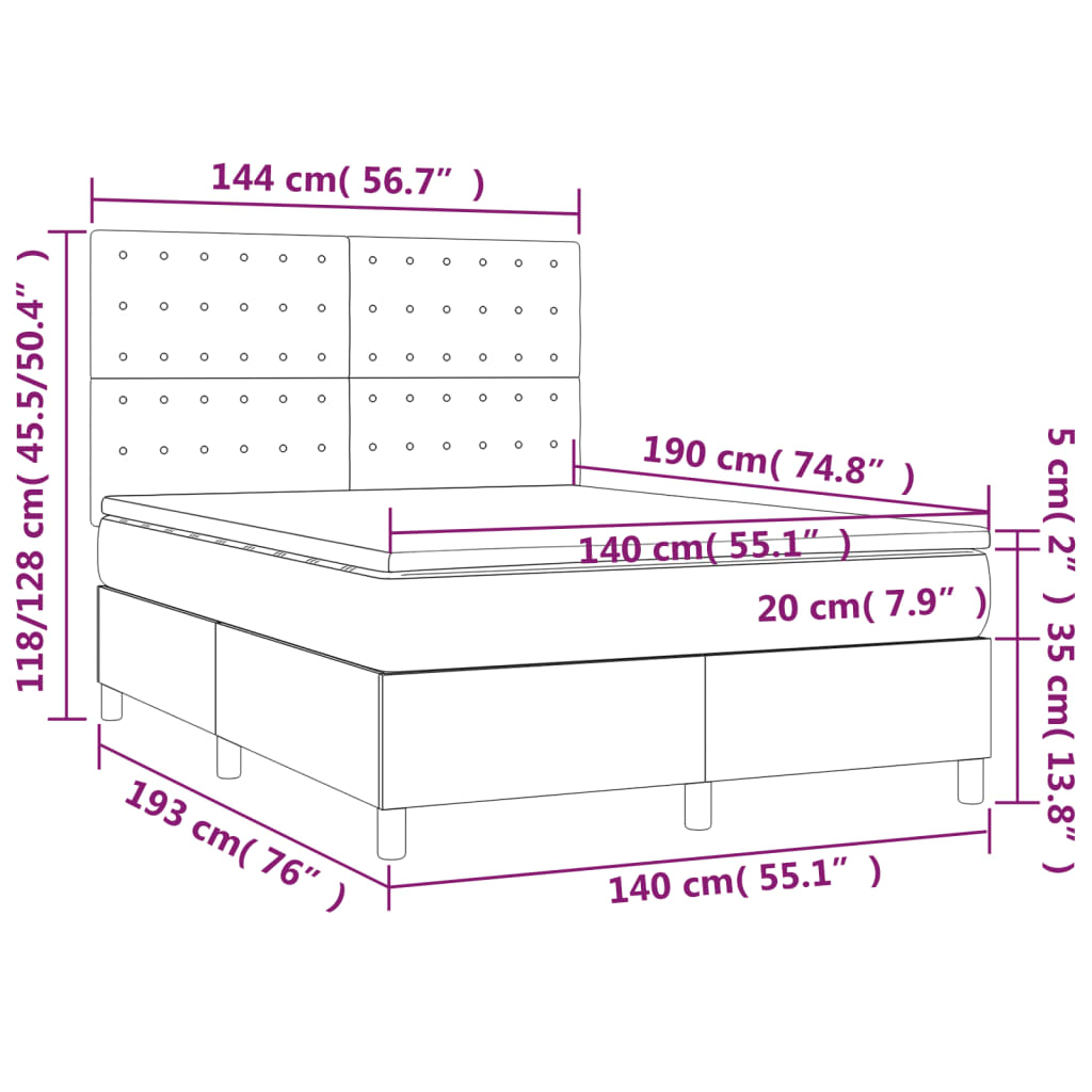 Pat continental cu saltea și LED gri deschis 140x190 cm catifea