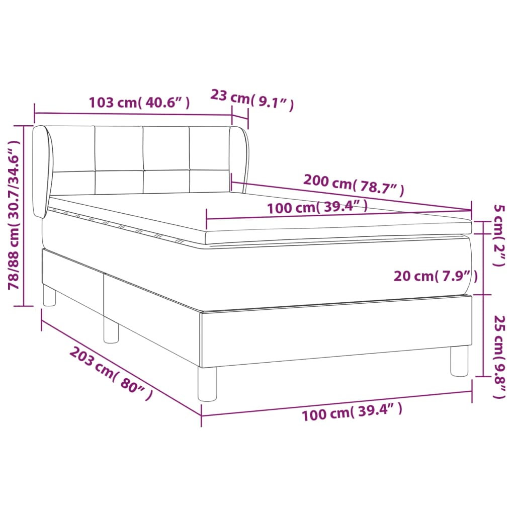 Pat box spring cu saltea, gri deschis, 100x200 cm, textil