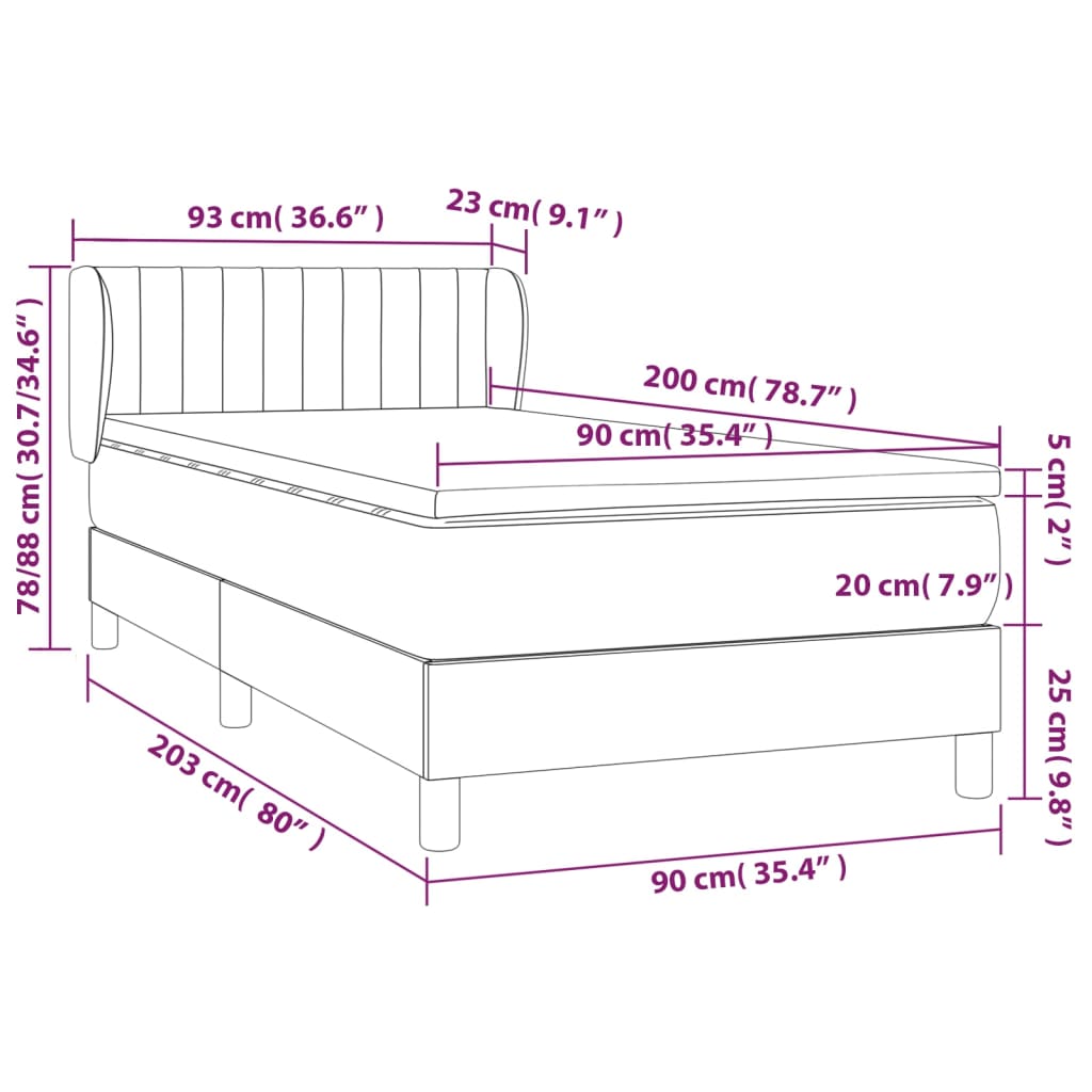 Pat box spring cu saltea, gri deschis, 90x200 cm, textil