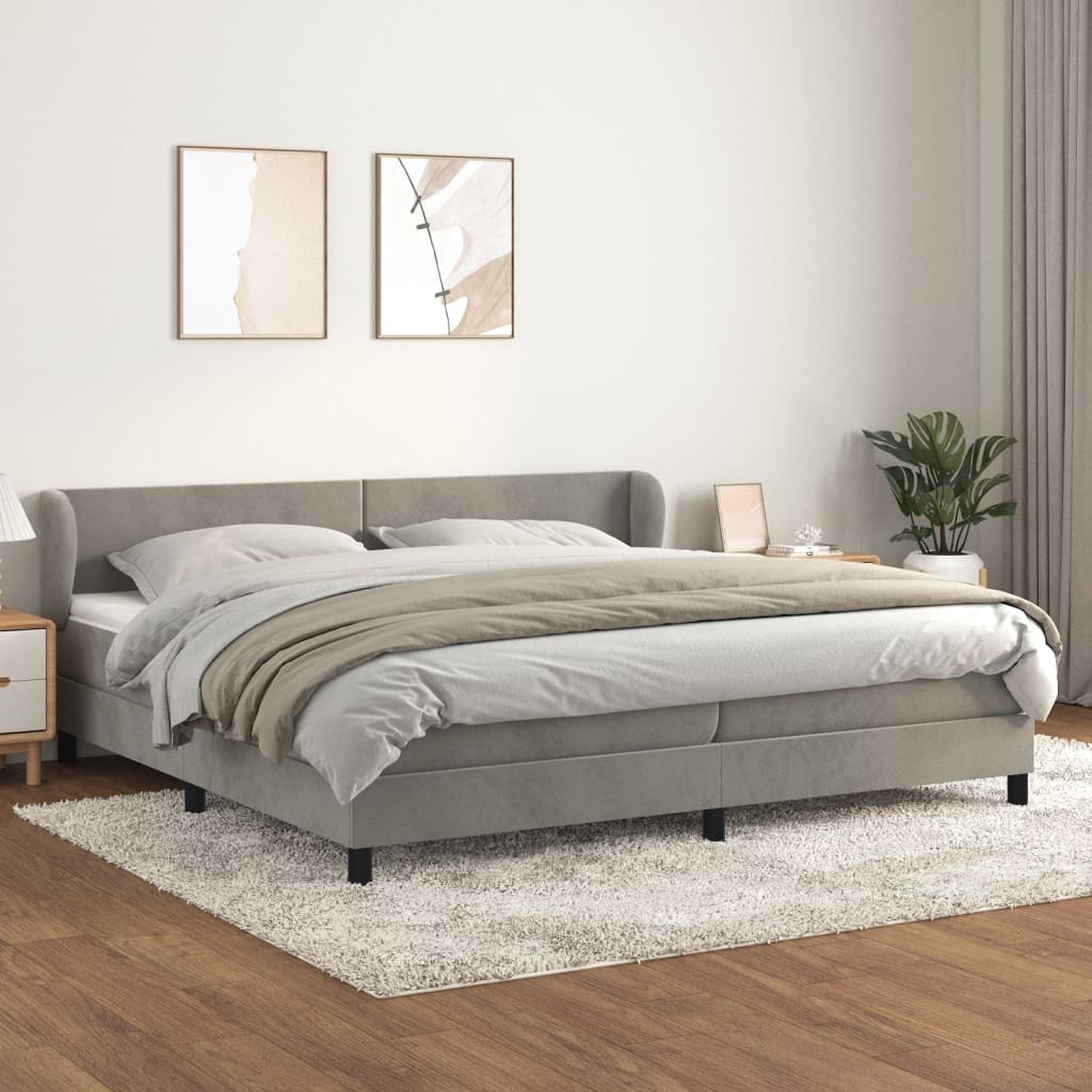 Pat box spring cu saltea, gri deschis, 200x200 cm, catifea