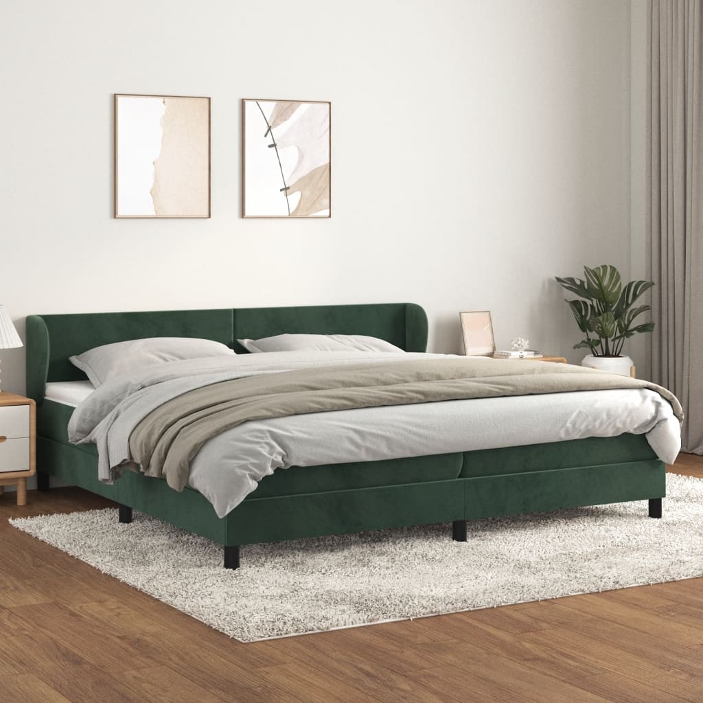 Pat box spring cu saltea, verde închis, 200x200 cm, catifea