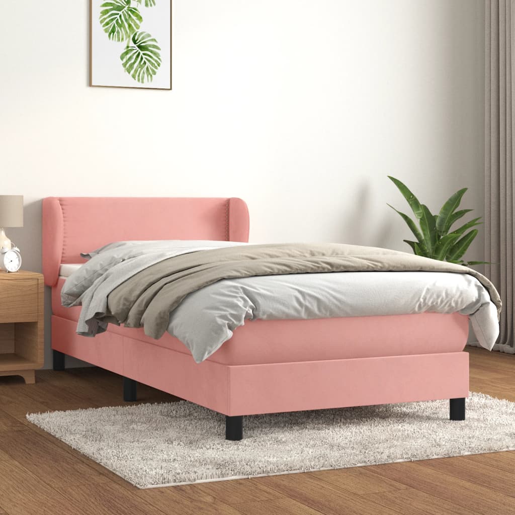 Pat box spring cu saltea, roz, 90x190 cm, catifea