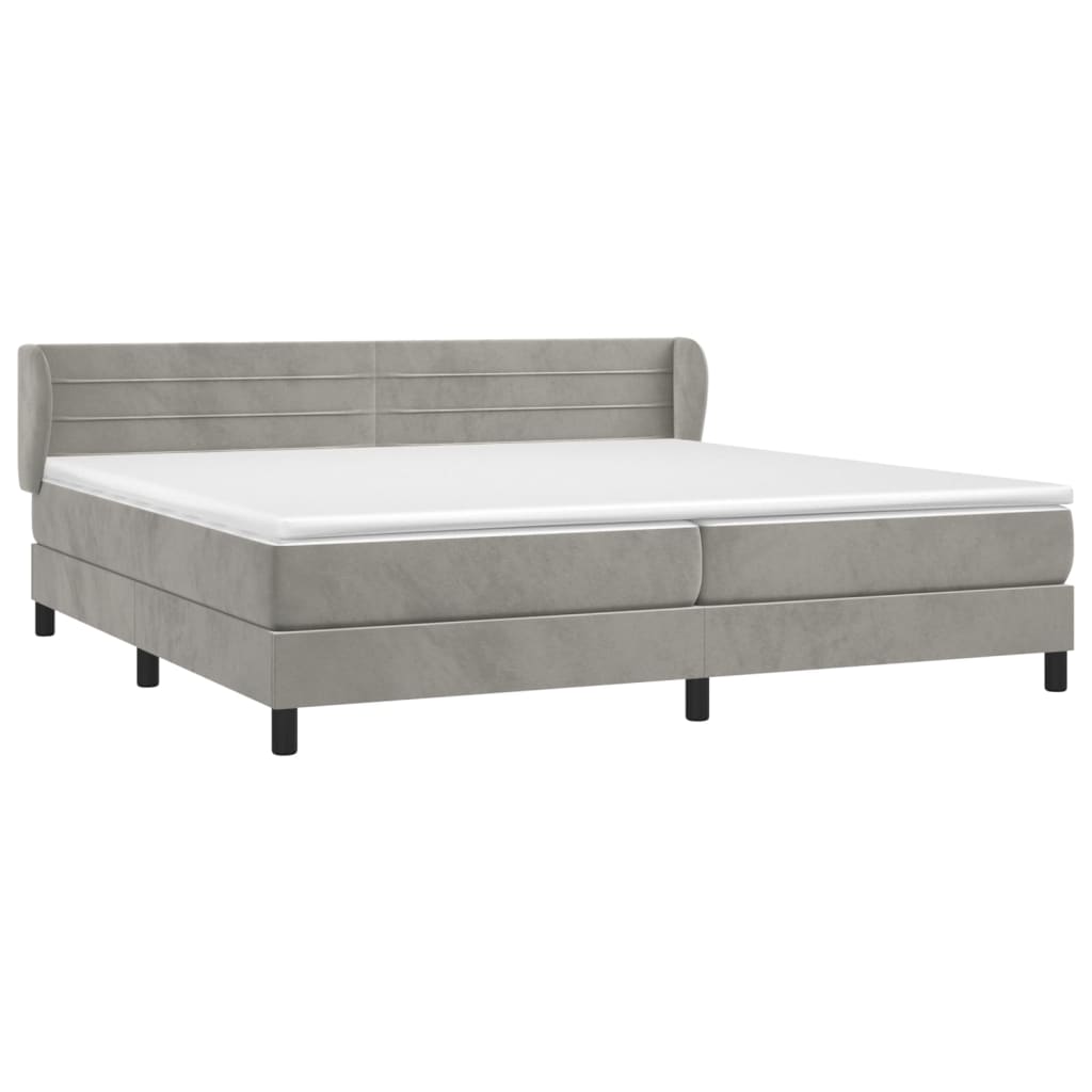 Pat box spring cu saltea, gri deschis, 200x200 cm, catifea