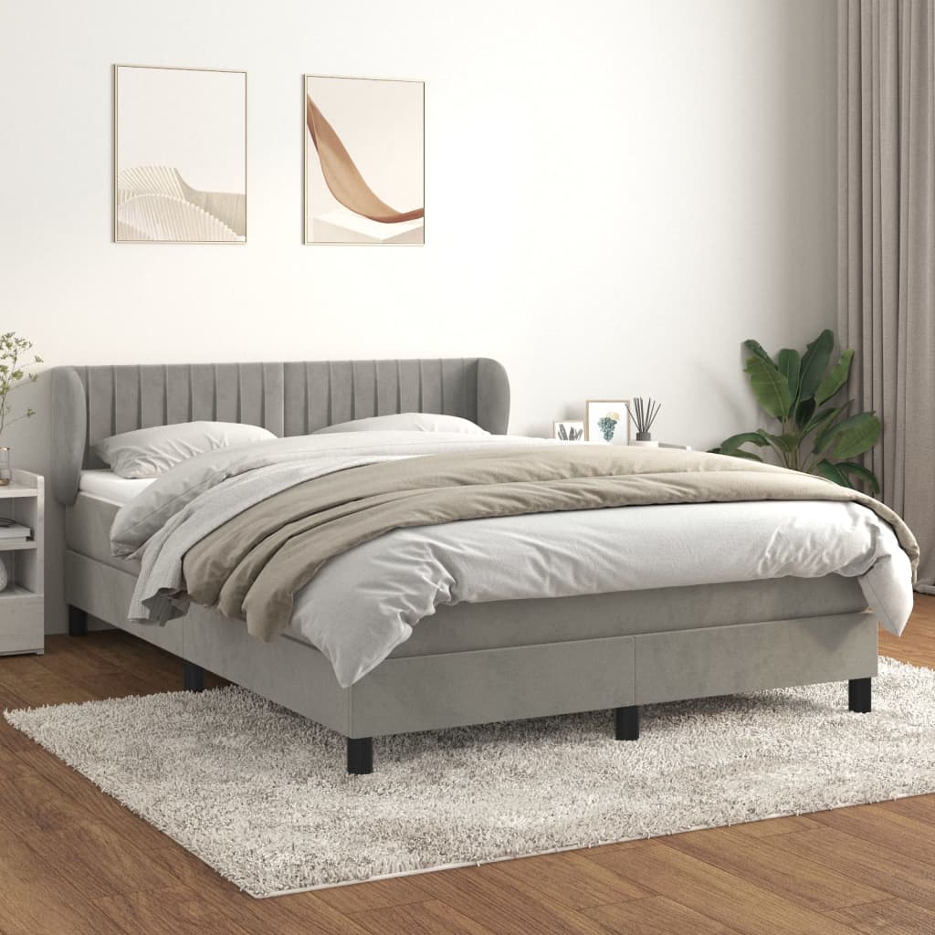 Pat box spring cu saltea, gri deschis, 140x200 cm, catifea