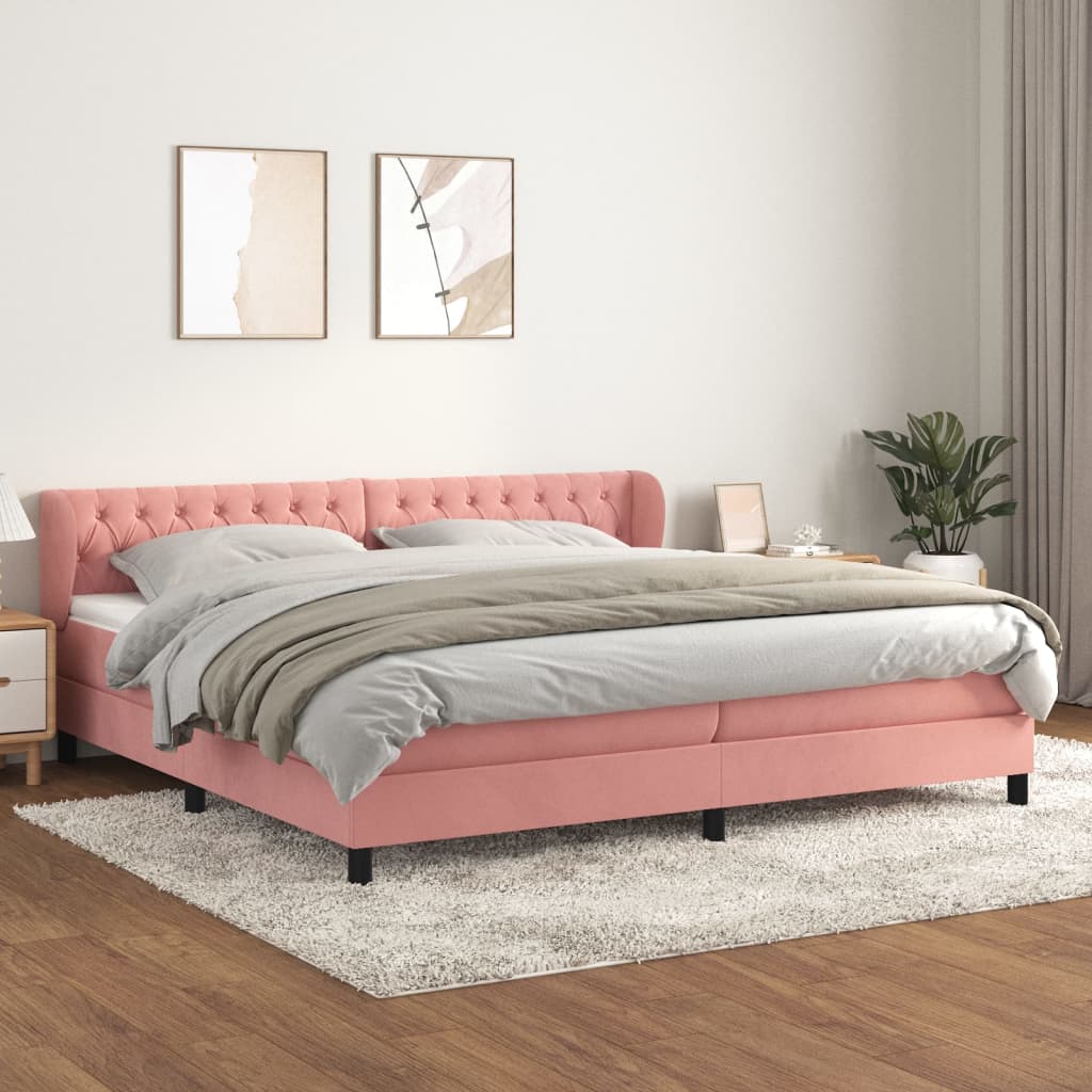 Pat box spring cu saltea, roz, 200x200 cm, catifea