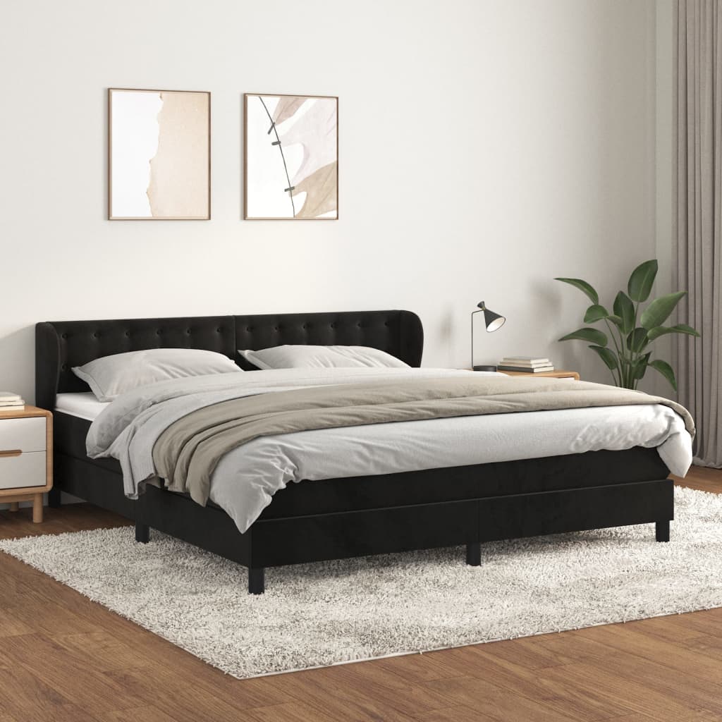 Pat box spring cu saltea, negru, 160x200 cm, catifea