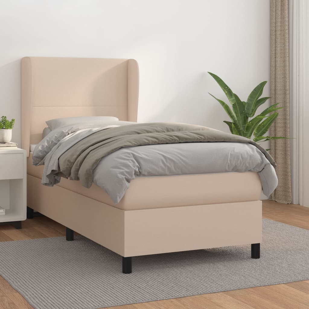 Pat box spring cu saltea, cappuccino, 80x200 cm piele ecologică