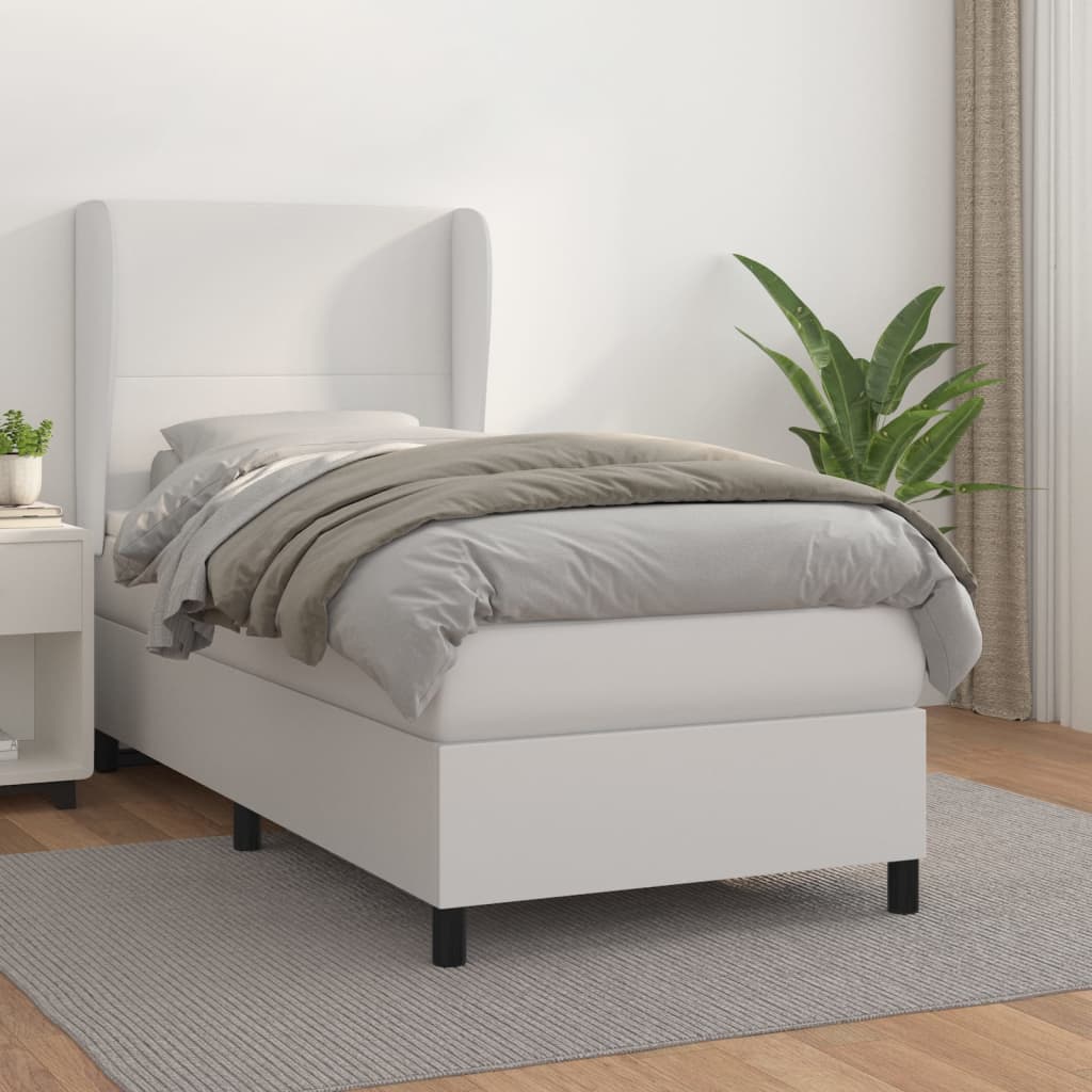 Pat box spring cu saltea, alb, 90x190 cm, piele ecologică