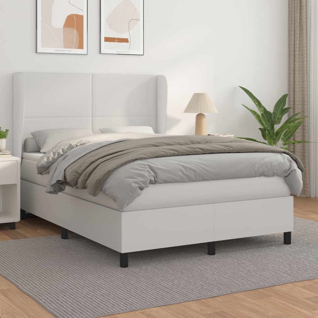 Pat box spring cu saltea, alb, 140x190 cm, piele ecologică