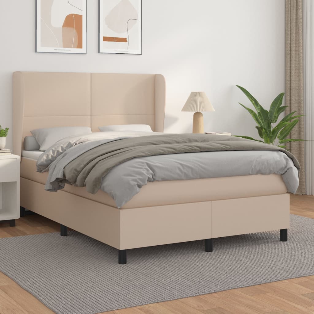 Pat box spring cu saltea, cappuccino, 140x190cm piele ecologică