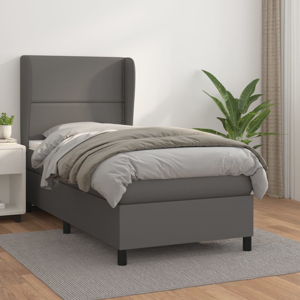 Pat box spring cu saltea, gri, 80x200 cm, piele ecologică