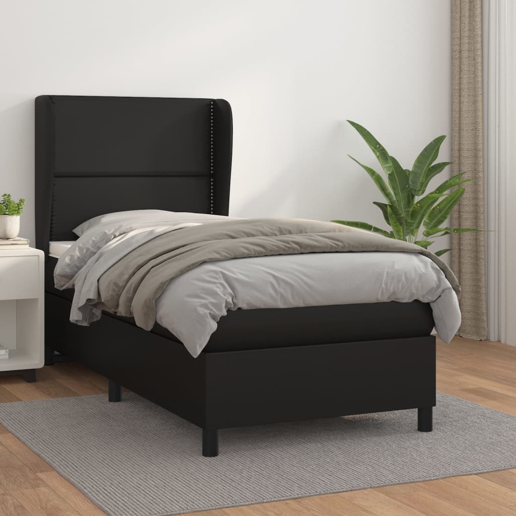 Pat box spring cu saltea, negru, 90x200 cm, piele ecologică