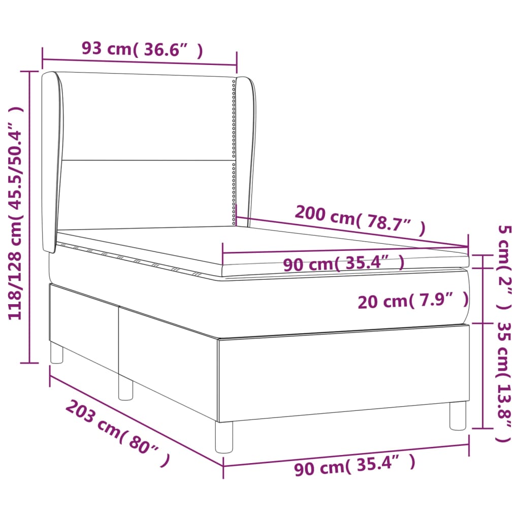 Pat box spring cu saltea, alb, 90x200 cm, piele ecologică