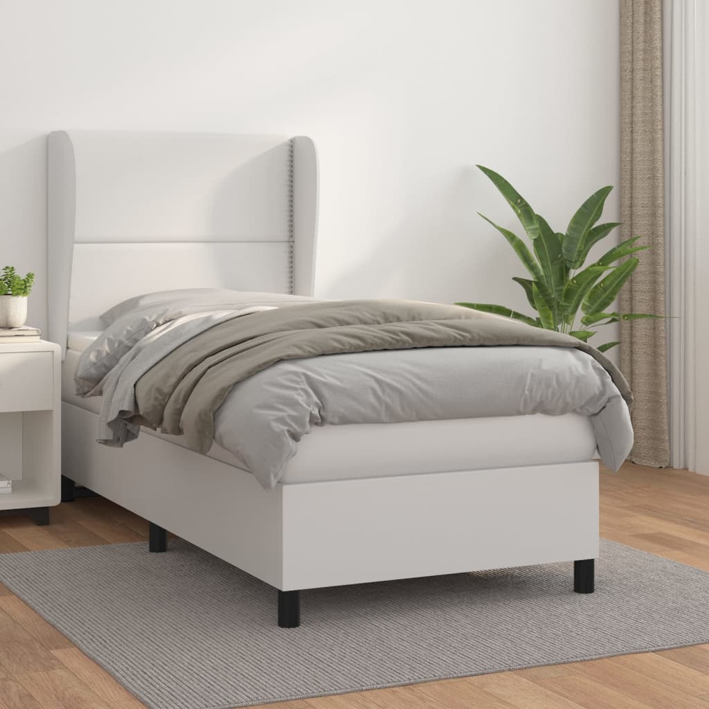 Pat box spring cu saltea, alb, 90x200 cm, piele ecologică