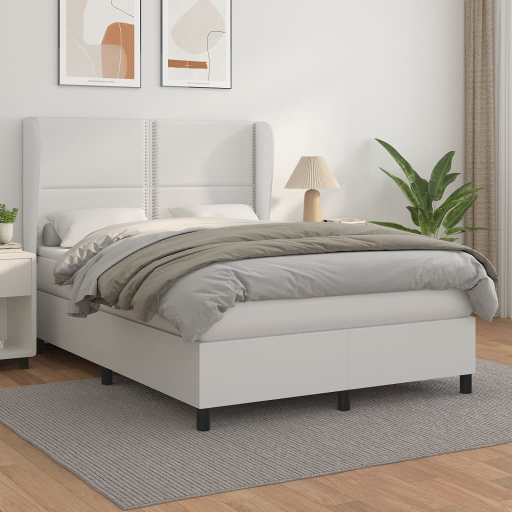 Pat box spring cu saltea, alb, 140x200 cm, piele ecologică