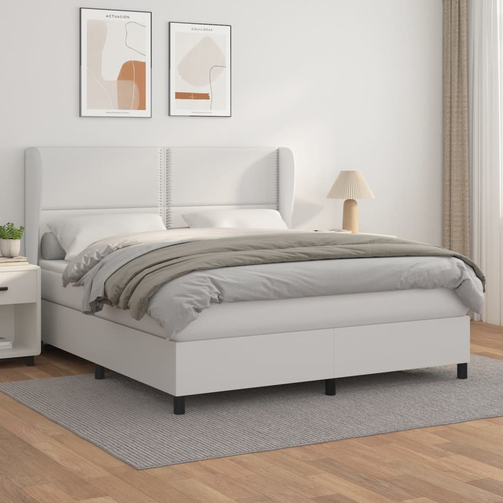 Pat box spring cu saltea, alb, 160x200 cm, piele ecologică