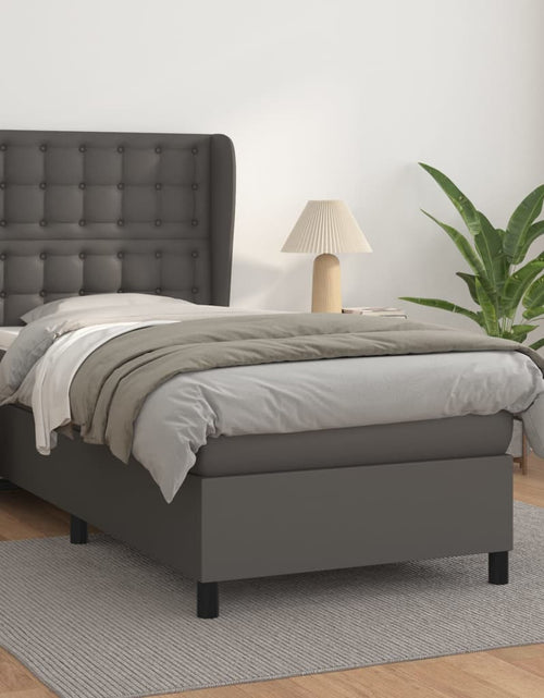 Încărcați imaginea în vizualizatorul Galerie, Pat box spring cu saltea, gri, 90x190 cm, piele ecologică
