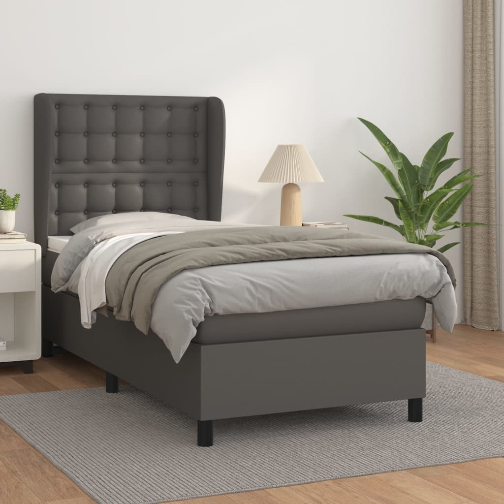 Pat box spring cu saltea, gri, 90x190 cm, piele ecologică