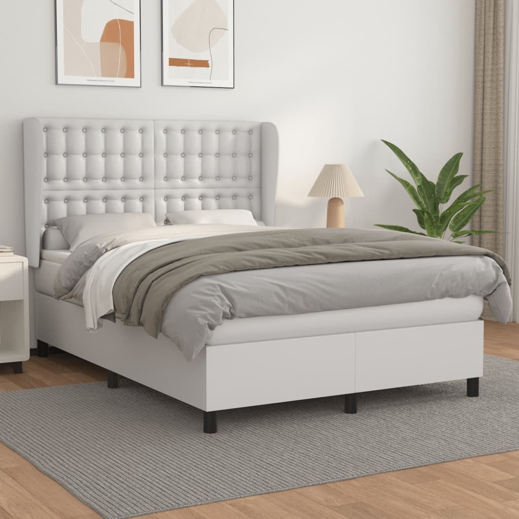 Pat box spring cu saltea, alb, 140x190 cm, piele ecologică