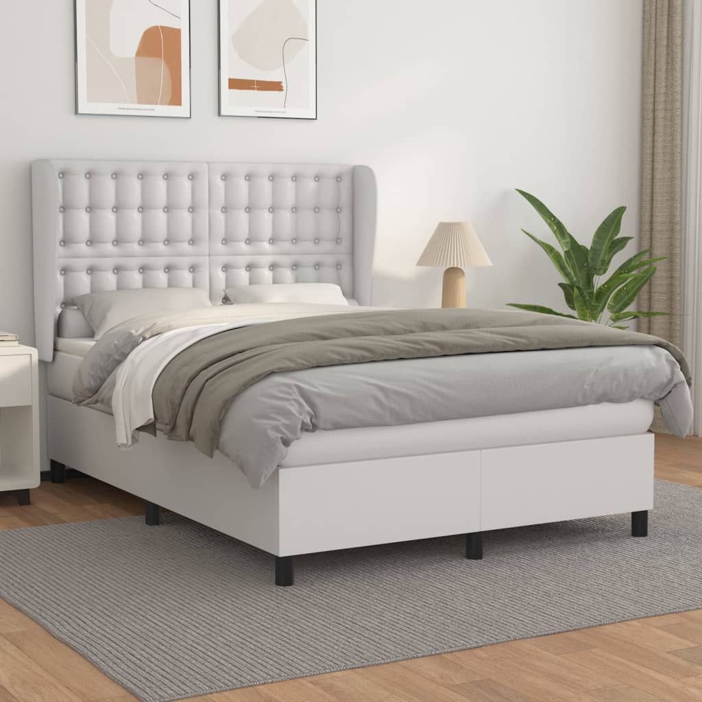 Pat box spring cu saltea, alb, 140x200 cm, piele ecologică