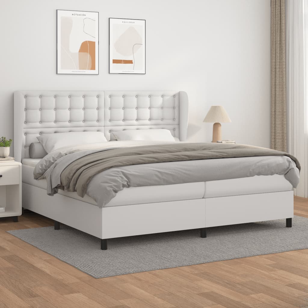 Pat box spring cu saltea, alb, 200x200 cm, piele ecologică