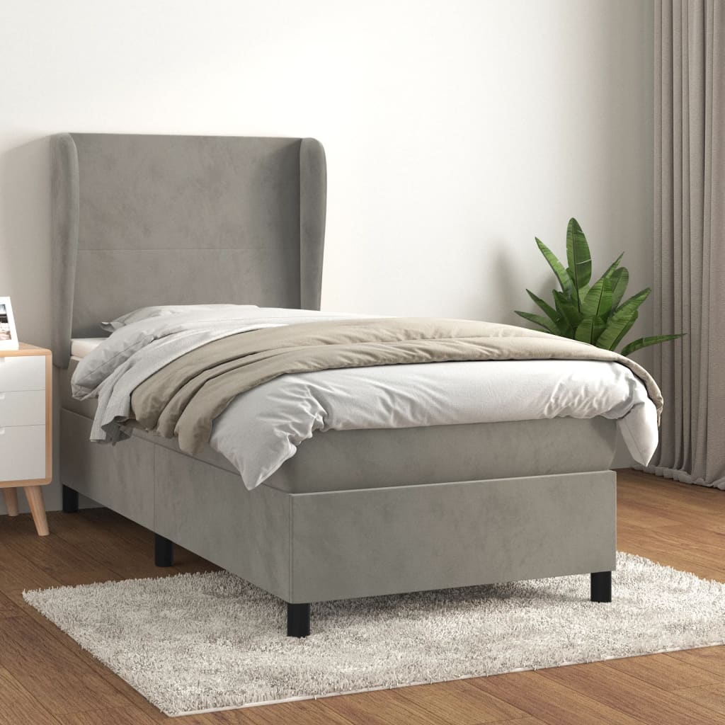 Pat box spring cu saltea, gri deschis, 90x190 cm, catifea