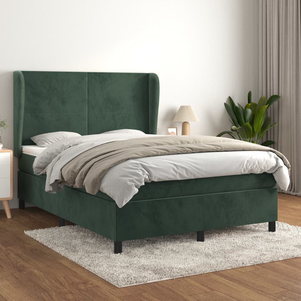 Pat box spring cu saltea, verde închis, 140x190 cm, catifea