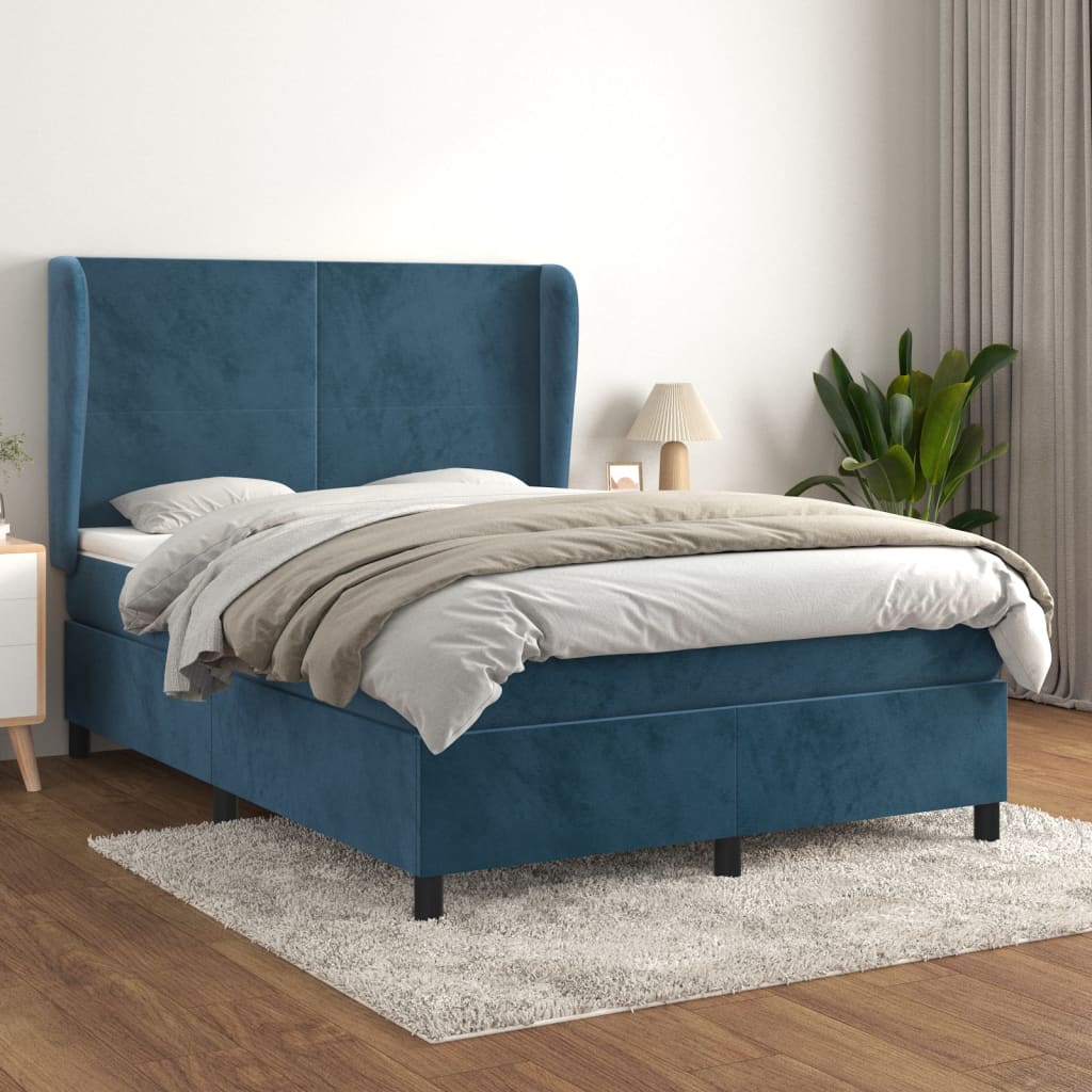 Pat box spring cu saltea, albastru închis, 140x190 cm, catifea