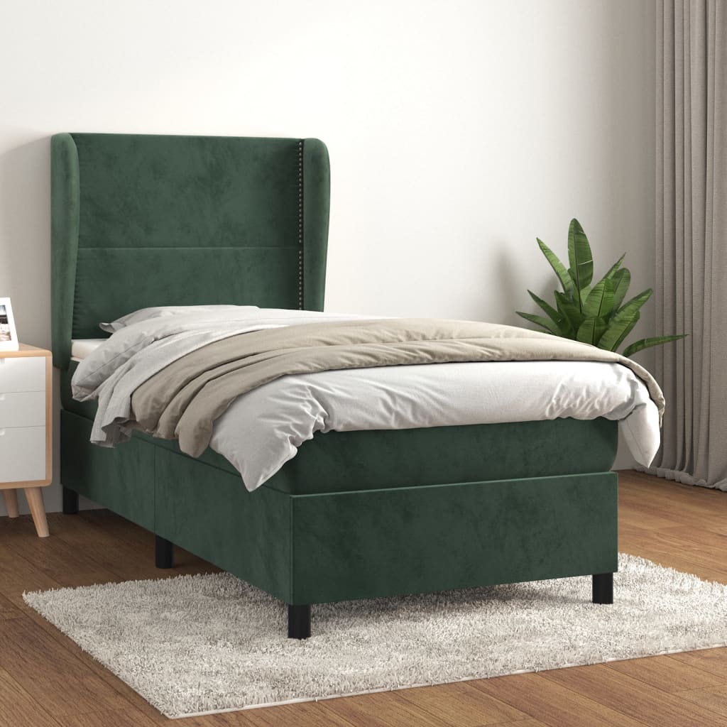 Pat box spring cu saltea, verde închis, 90x190 cm, catifea