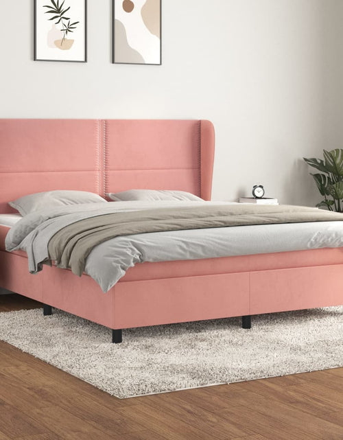 Загрузите изображение в средство просмотра галереи, Pat box spring cu saltea, roz, 160x200 cm, catifea
