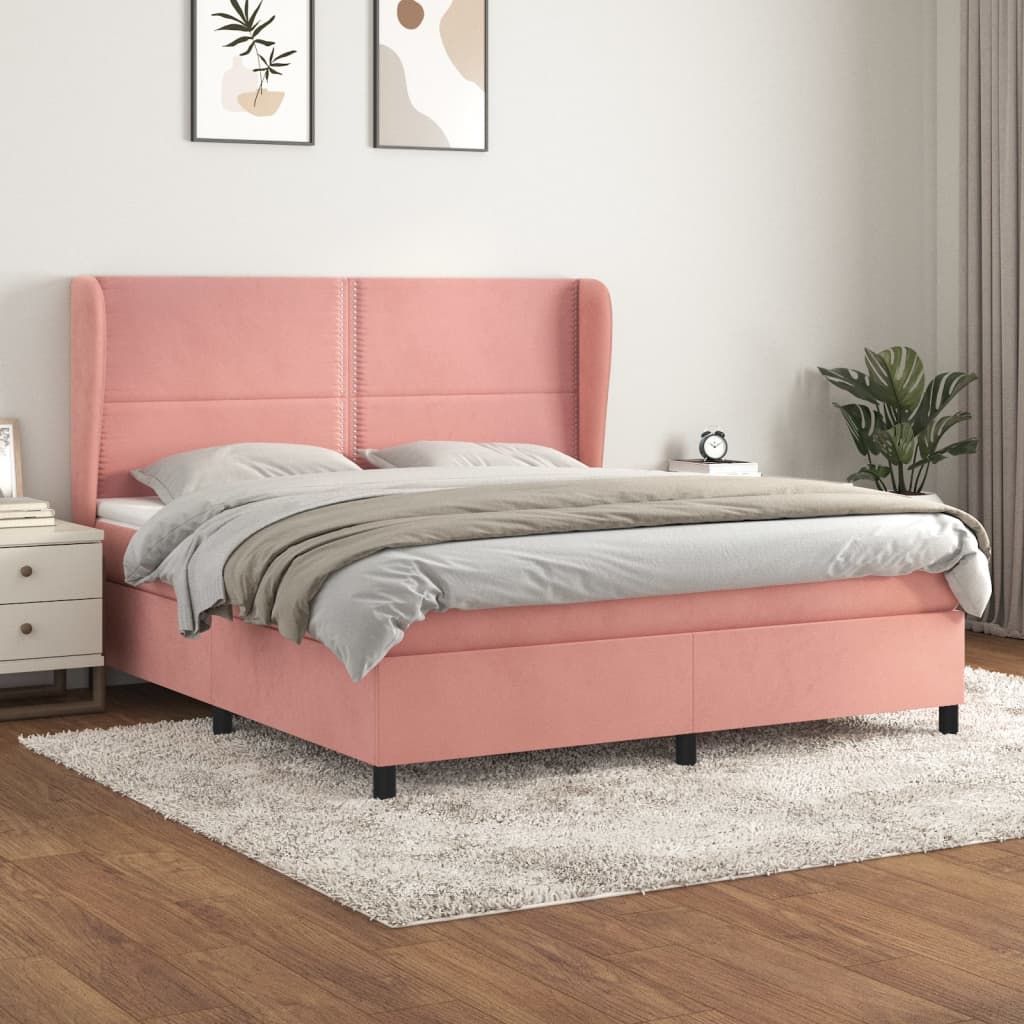 Pat box spring cu saltea, roz, 160x200 cm, catifea