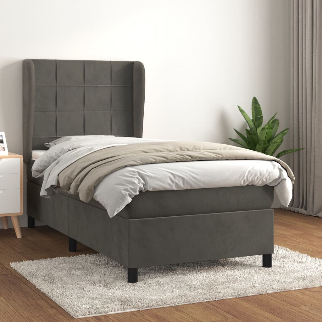 Pat box spring cu saltea, gri închis, 80x200 cm, catifea